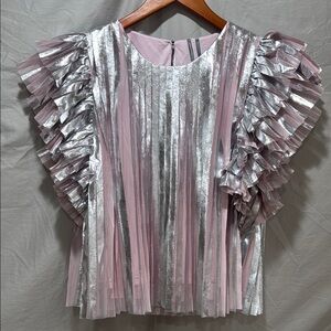 BRAND NEW WITH TAGS Anthropologie Pink and Silver Ruffle Sleeve Top